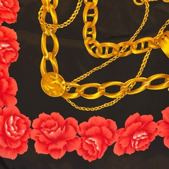 Large Black Satin Scarf with Gold Chain Print & Red Floral Border Square Scarf - Picture 8 of 12